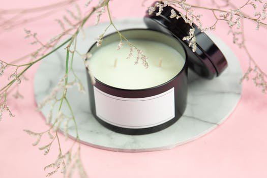 Elegant black candle jar with blank label on marble, surrounded by delicate pink florals for a serene setup.